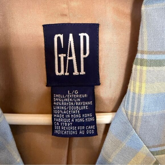 Vintage Gap Blazer Womens Large Blue Yellow Plaid Print Linen 1990s - Picture 8 of 9